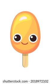 Yellow Ice cream. Summer food sweet dessert. Cartoon funny character. Flat design. Object is isolated on a white background. Popsicle on a stick. Illustration Vector