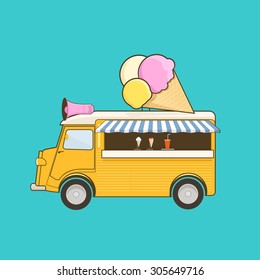 Yellow Ice cream truck on blue background. Vector Illustration