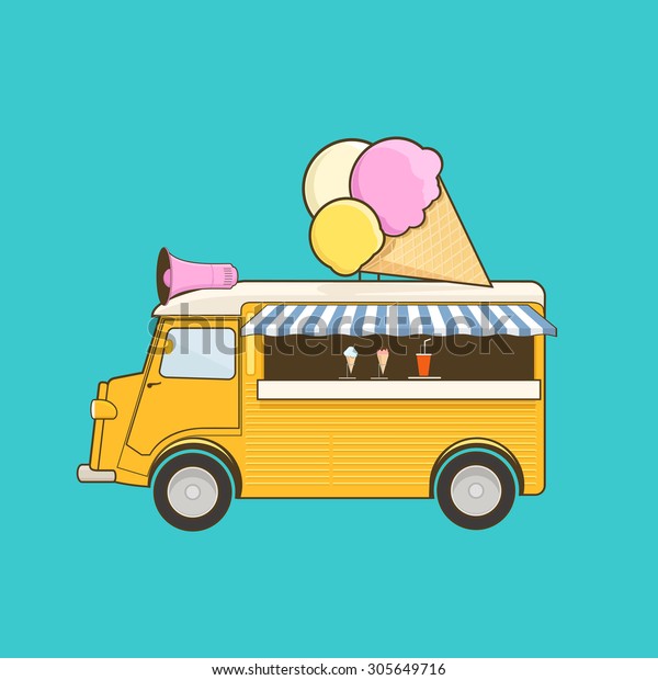 Yellow Ice cream truck on blue background.\
Vector Illustration