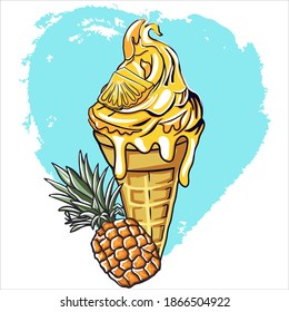 yellow ice cream with waffle cone and pineapple flavor. The dessert is decorated with a piece of pineapple. Cartoon illustration of ice cream icon for web design