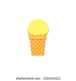 Yellow Ice Cream in waffle cup in trandy paper cut style. Craft tasty bright summer icecream on white background for package design Vector card illustration in papercutting art style