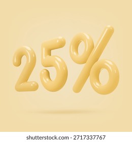 Yellow icon, 3d render percent sign, 25 %. Realistic design element. Vector illustration isolated on gold for postcard, icons, poster, banner, web, design, arts. Black Friday Sale