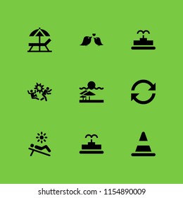 yellow icon. 9 yellow set with beach, explosion, cone and bird vector icons for web and mobile app