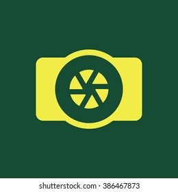 Yellow Icon of Camera Isolated on Dark Green Background. Eps--10.
