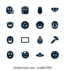 Yellow icon. collection of 16 yellow filled icons such as gem, hummer, sweating emot, laughing emot, angry emoji, burst, pineapple. editable yellow icons for web and mobile.
