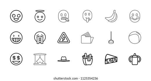 Yellow icon. collection of 18 yellow outline icons such as baby bottle, crazy emot, laughing emot, emoji angel, dollar smiley. editable yellow icons for web and mobile.