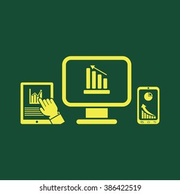 Yellow Icon of Computer, Mobile Phone & Tablet Phone Isolated on Dark Green Background. Eps--10.