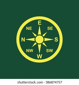 Yellow Icon of Direction Compass Isolated on Dark Green Background. Eps--10.