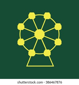 Yellow Icon of Ferris Wheel Isolated on Dark Green Background. Eps--10.
