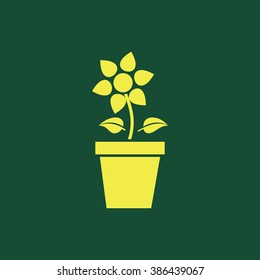 Yellow Icon of Flower Plant in Flower Vase Isolated on Dark Green Background. Eps--10.