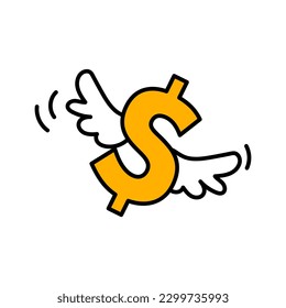 Icono amarillo del gracioso dólar loco en estilo doodle con alas volando