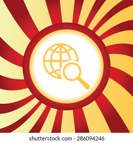 Yellow icon with globe sign under loupe, in the middle of abstract background