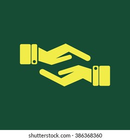 Yellow Icon of Helping Hand Isolated on Dark Green Background. Eps--10.