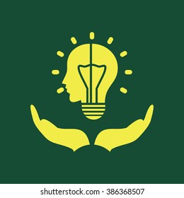 Yellow Icon of human Head idea or Bulb in Hand, Save power Isolated on Dark Green Background. Eps--10.