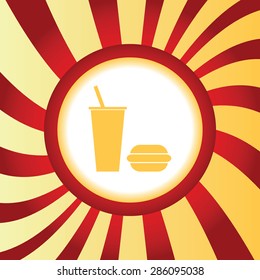 Yellow icon with image of burger and drink, in the middle of abstract background