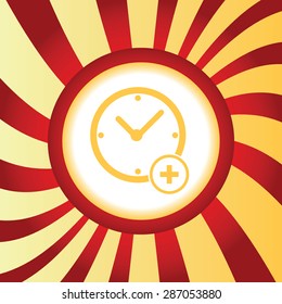 Yellow icon with image of clock and plus, in the middle of abstract background