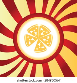 Yellow icon with image of cut pizza, in the middle of abstract background