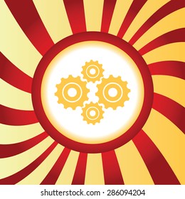 Yellow icon with image of four cogs, in the middle of abstract background