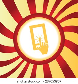 Yellow icon with image of hand touching phone screen, in middle of abstract background