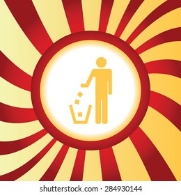 Yellow icon with image of person throwing garbage, in the middle of abstract background