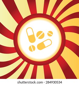 Yellow icon with image of pills and tablets, in the middle of abstract background