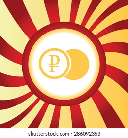 Yellow icon with image of ruble coin, in the middle of abstract background