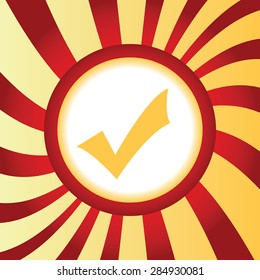 Yellow icon with image of tick mark, in the middle of abstract background