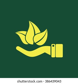 Yellow Icon of Leaf in Hand or Ecology  Isolated on Dark Green Background. Eps--10.