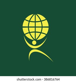 Yellow Icon of Man With Globe on Dark Green Background. Eps--10.