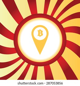 Yellow icon with map marker with bitcoin symbol, in the middle of abstract background