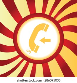 Yellow icon with phone receiver and left arrow, in the middle of abstract background
