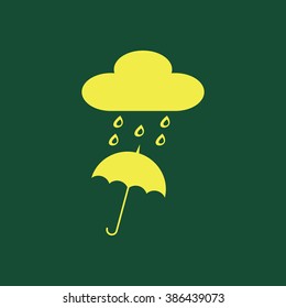 Yellow Icon of Rain & Umbrella Isolated on Dark Green Background. Eps--10.