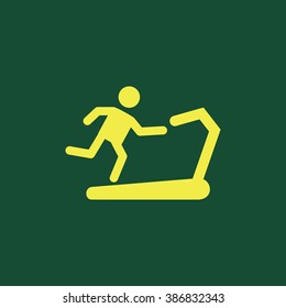 Yellow Icon of Runner On Treadmill Isolated on Dark Green Background. Eps--10.