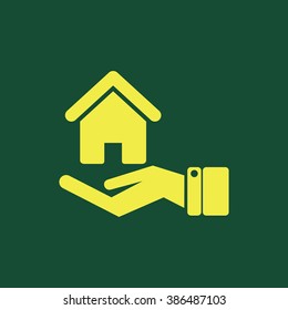 Yellow Icon of Safe & Protected home in Hand Isolated on Dark Green Background. Eps--10.