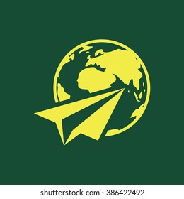 Yellow Icon of Send with Globe Isolated on Dark Green Background. Eps--10.