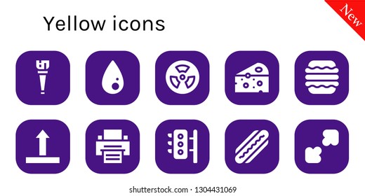 yellow icon set. 10 filled yellow icons.  Collection Of - Wooden leg, Liquify, Radioactive, Cheese, Macaron, Side up, Printer, Traffic lights, Hot dog, Resize