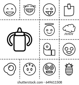 Yellow icon. set of 13 outline yellow icons such as sun, baby bottle, paper towel, glued note, egg, pineapple, crazy emot, laughing emot, emoji showing tongue, sweating emot