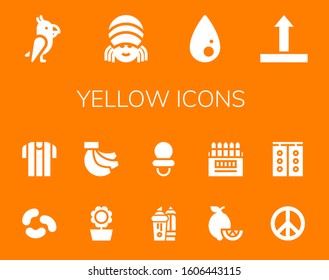 yellow icon set. 14 filled yellow icons.  Simple modern icons such as: Parrot, Rasta, Liquify, Side up, Jelly beans, Referee, Sunflower, Bananas, Highlighter, Dummy, Lemons, Colored pencils