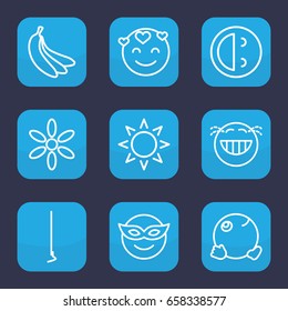 Yellow icon. set of 9 outline yellow icons such as sun, hoe, banana, emoji in mask, laughing emot, emot in love