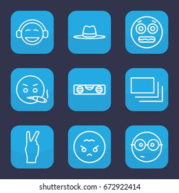 Yellow icon. set of 9 outline yellow icons such as level ruler, hat, burst, nerd emoji, emoji, smoking emot