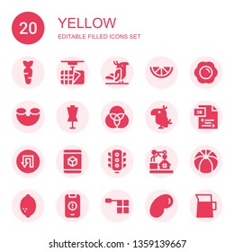 yellow icon set. Collection of 20 filled yellow icons included Carrot, d, Parrot, Lemon, Fried egg, Macaroni, Dummy, Rgb, Js, Traffic signal, Traffic light, Beach ball, Warning