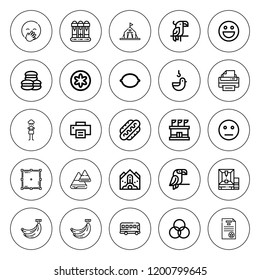 Yellow icon set. collection of 25 outline yellow icons with banana, candy corn, camping tent, duck, emot, falling debris, hot dog, laughing, lemon icons. editable icons.