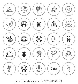 Yellow icon set. collection of 25 outline yellow icons with archery, balloons, banana, beach ball, carrot, camping tent, dummy, durian, emot, envy icons. editable icons.