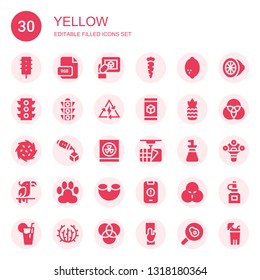 yellow icon set. Collection of 30 filled yellow icons included Traffic light, Rgb, d, Carrot, Lemon, Bolt, Pineapple, Tumbleweed, Radioactivity, Oil bottle, Parrot, Paw, Macaroni