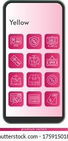 yellow icon set. included online shop, sale, shirt, package, price tag, warranty, discount, barcode, open icons on phone design background . linear styles.