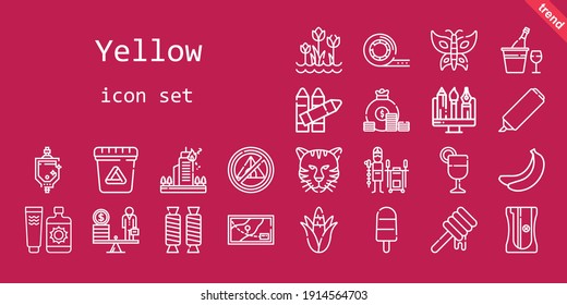 yellow icon set. line icon style. yellow related icons such as banana, waste, tent, corn, scale, tiger, juice, crayons, popsicle, urinal, highlighter, tulips, tape, sharpener, sun cream, butterfly
