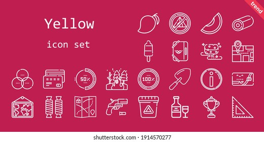 yellow icon set. line icon style. yellow related icons such as waste, gun, tent, sponge, shovel, rgb, popsicle, mango, square, folder, percentage, fire, credit card, sweet, melon, trophy, map