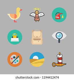 yellow icon set. vector set about visibility, angel, backpack and oil icons set.