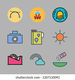 yellow icon set. vector set about bell, rainbow, photo camera and tuk tuk icons set.