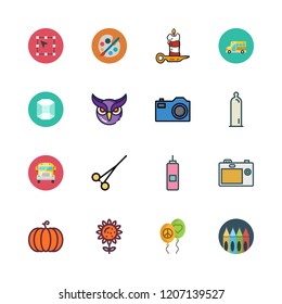 yellow icon set. vector set about owl, photo camera, school bus and vector icons set.